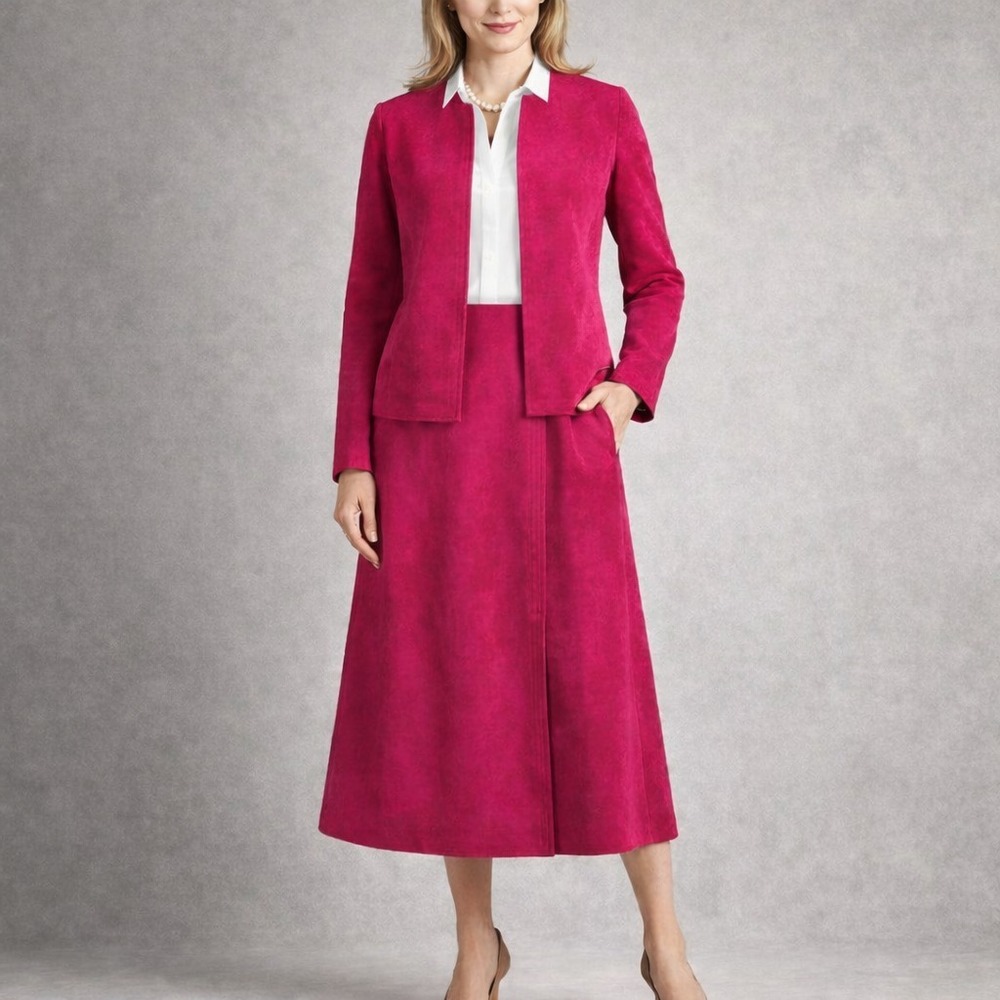 VTG Ultrasuede Skirt Suit Womens 8 Red Raspberry A Line Open Jacket Retro Office